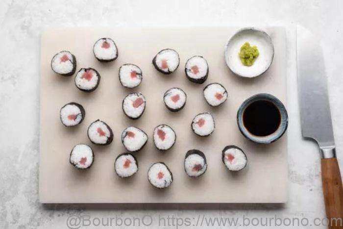 Cut the sushi roll into small pieces and serve with wasabi and soy sauce